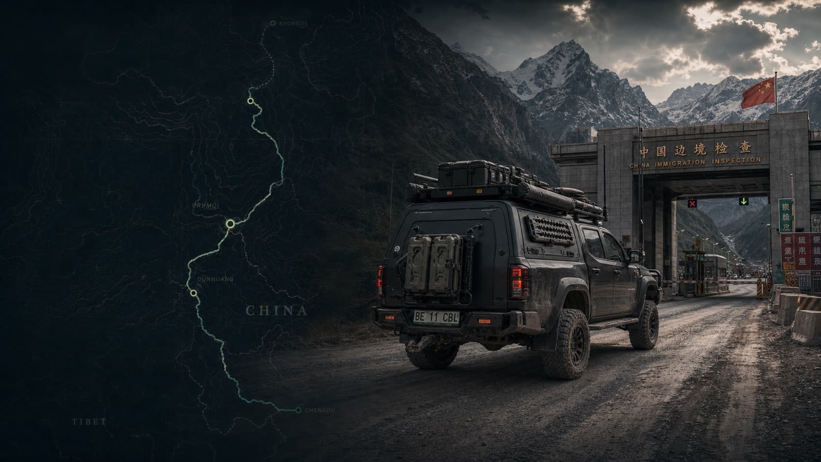 Rendered overland vehicle approaching a China border inspection checkpoint
